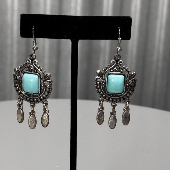 Boho Silver Tone Dangle Earrings  Blue Faux Turquoise Southwest Festival Style - Picture 1 of 7